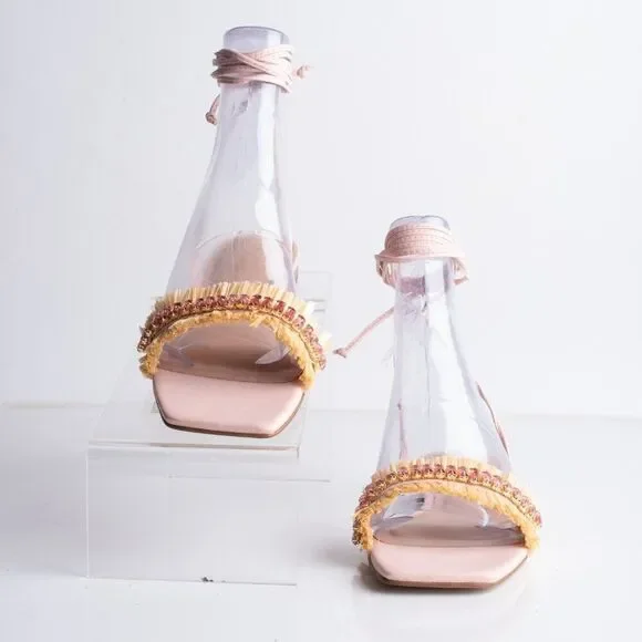 Anthropologie Embellished Tie Up Raffia Sandals Pink Rose EU 36 US 6 New - Picture 3 of 10